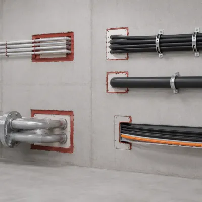 Brandabschottungen von Kabel- und Rohrdurchführungen in einer Betonwand