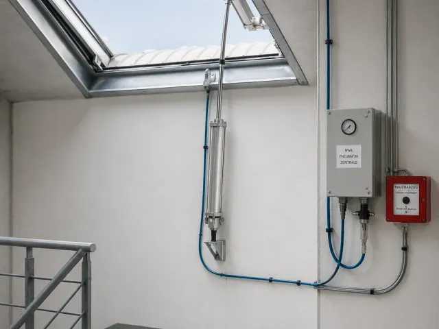 Pneumatisch angetriebene RWA-Anlage mit Druckluftzentrale in einem Treppenraum