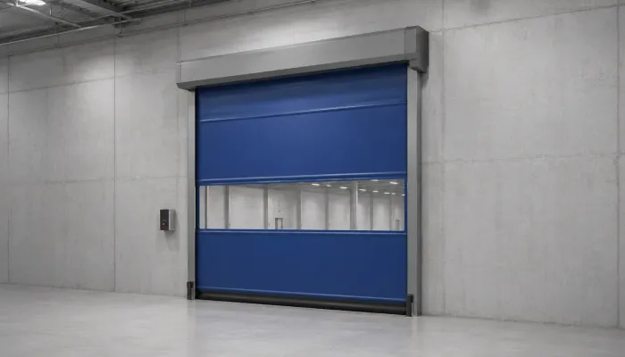 Blaues Schnelllauftor mit Sichtfenster in einer Industriehalle